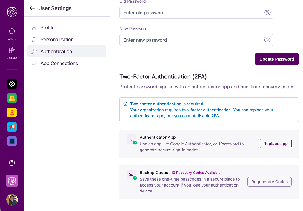 The Authentication tab in Account Settings, showing password fields and Two-Factor Authentication options.