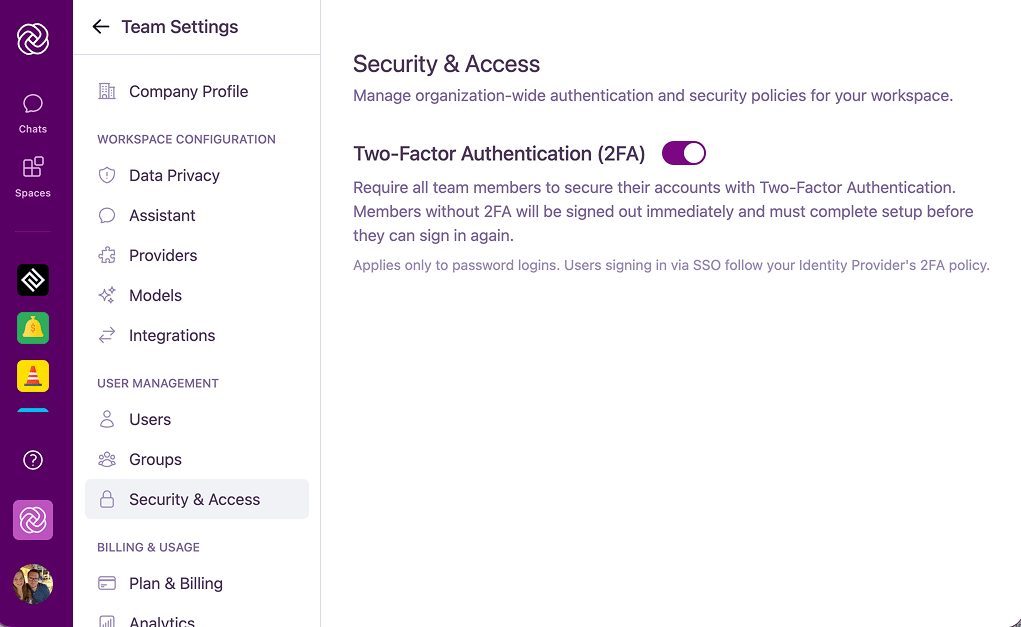 The Security and Access tab in User Management, showing the Two-Factor Authentication enforcement toggle.