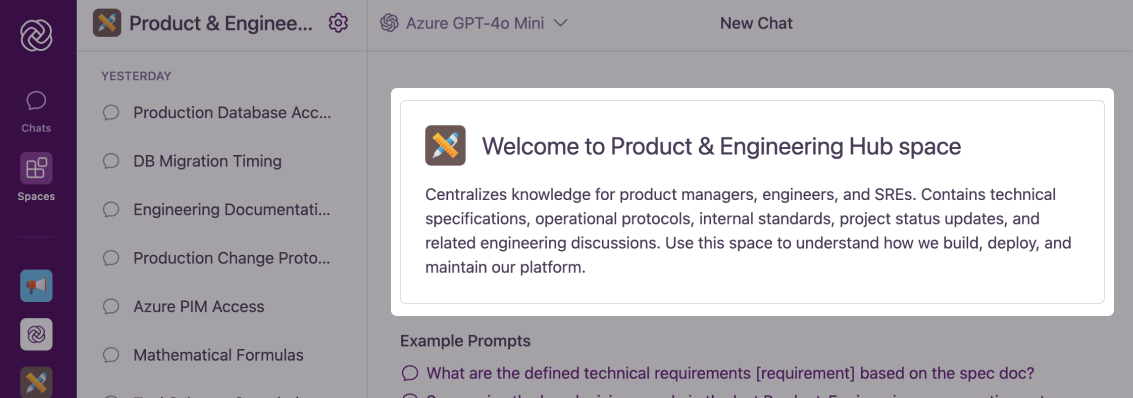 Welcome message in a newly created Space