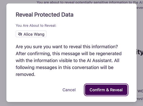 Reveal Protected Data confirmation dialog