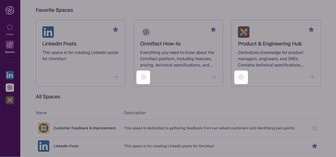 Space card with Settings icon on Your Spaces page