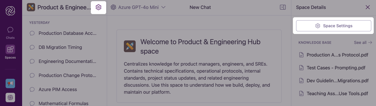 Space Details sidebar with Settings button