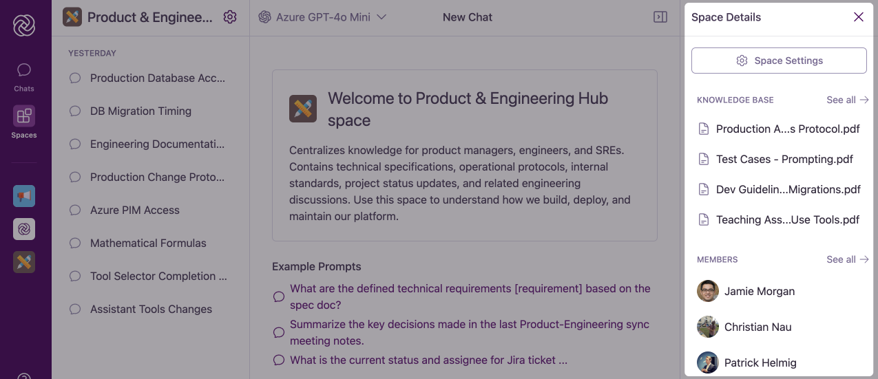 Space Details sidebar showing Knowledge Base and Members sections
