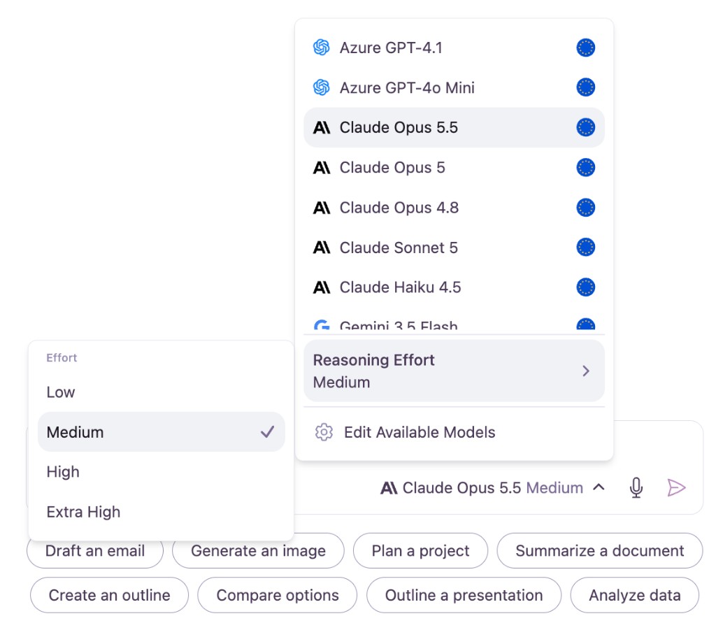 The model selector menu with Claude Opus 5.5 selected and the Reasoning Effort flyout open, showing the Low, Medium, High, and Extra High levels with a checkmark next to Medium
