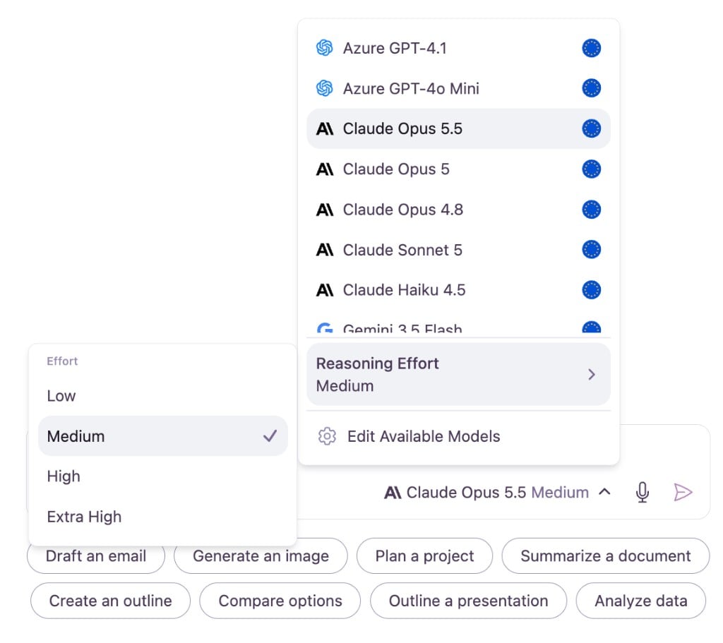 The model selector menu with Claude Opus 5.5 selected and the Reasoning Effort flyout open, showing the Low, Medium, High, and Extra High levels with a checkmark next to Medium