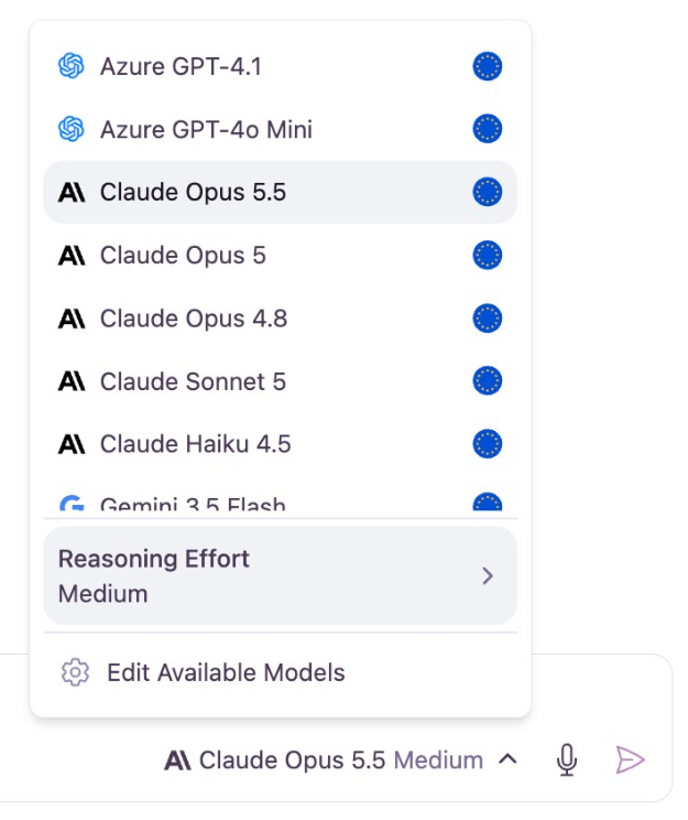 The open model selector menu listing available AI models with provider logos and hosting region flags, with Claude Opus 5.5 selected and the Reasoning Effort row set to Medium at the bottom