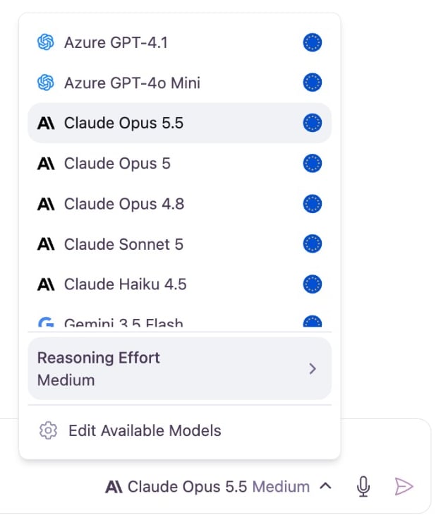 The open model selector menu listing available AI models with provider logos and hosting region flags, with Claude Opus 5.5 selected and the Reasoning Effort row set to Medium at the bottom