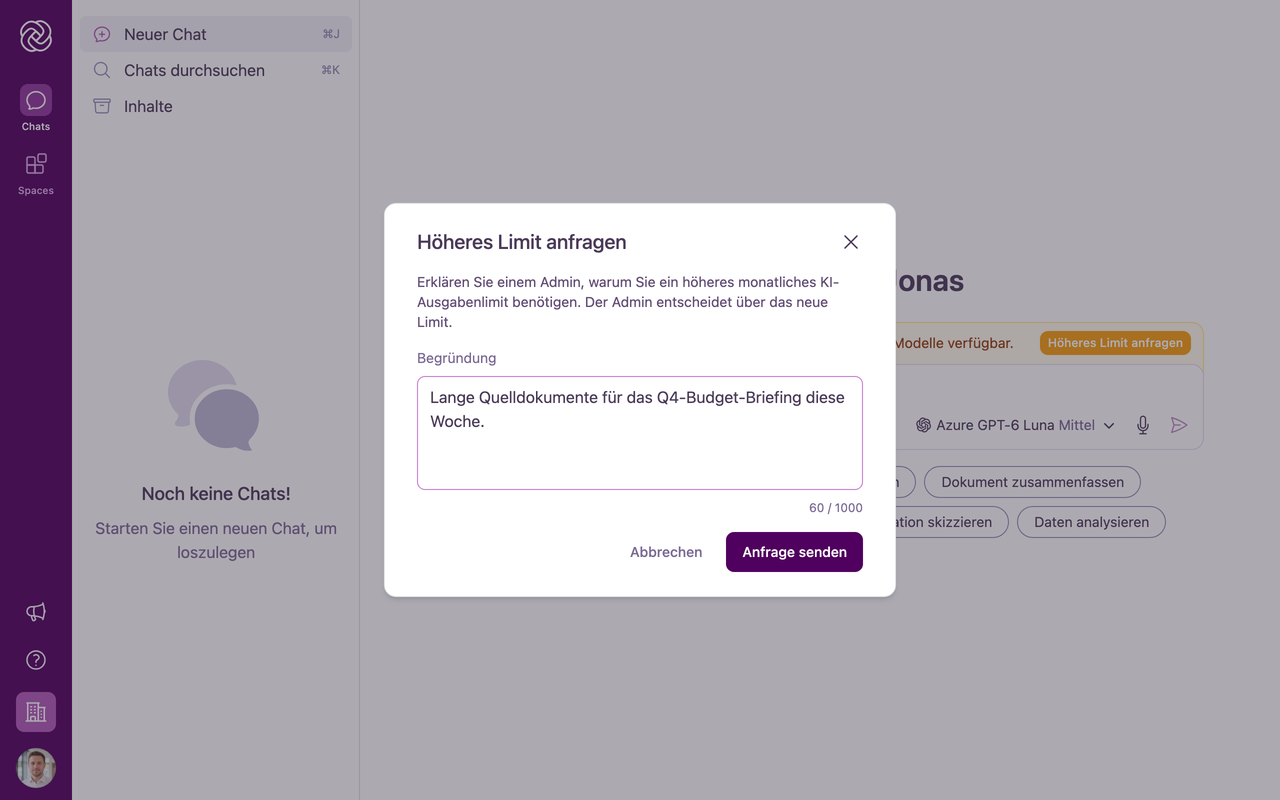 Der Dialog Höheres Limit anfragen, in dem ein Mitglied eine Begründung für ein höheres monatliches KI-Ausgabenlimit eingibt.