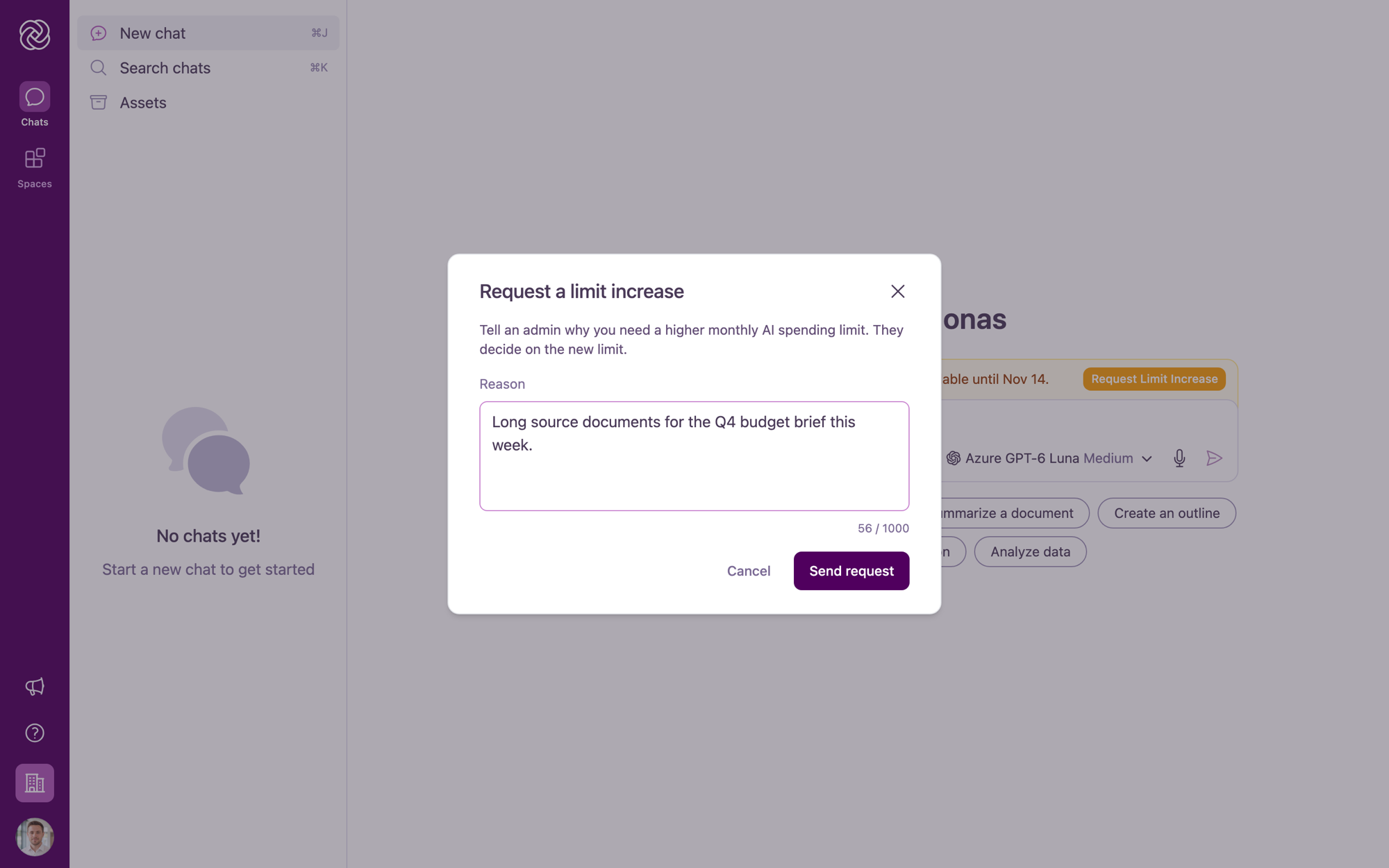 The Request a limit increase dialog where a member enters a reason for needing a higher monthly AI spending limit.