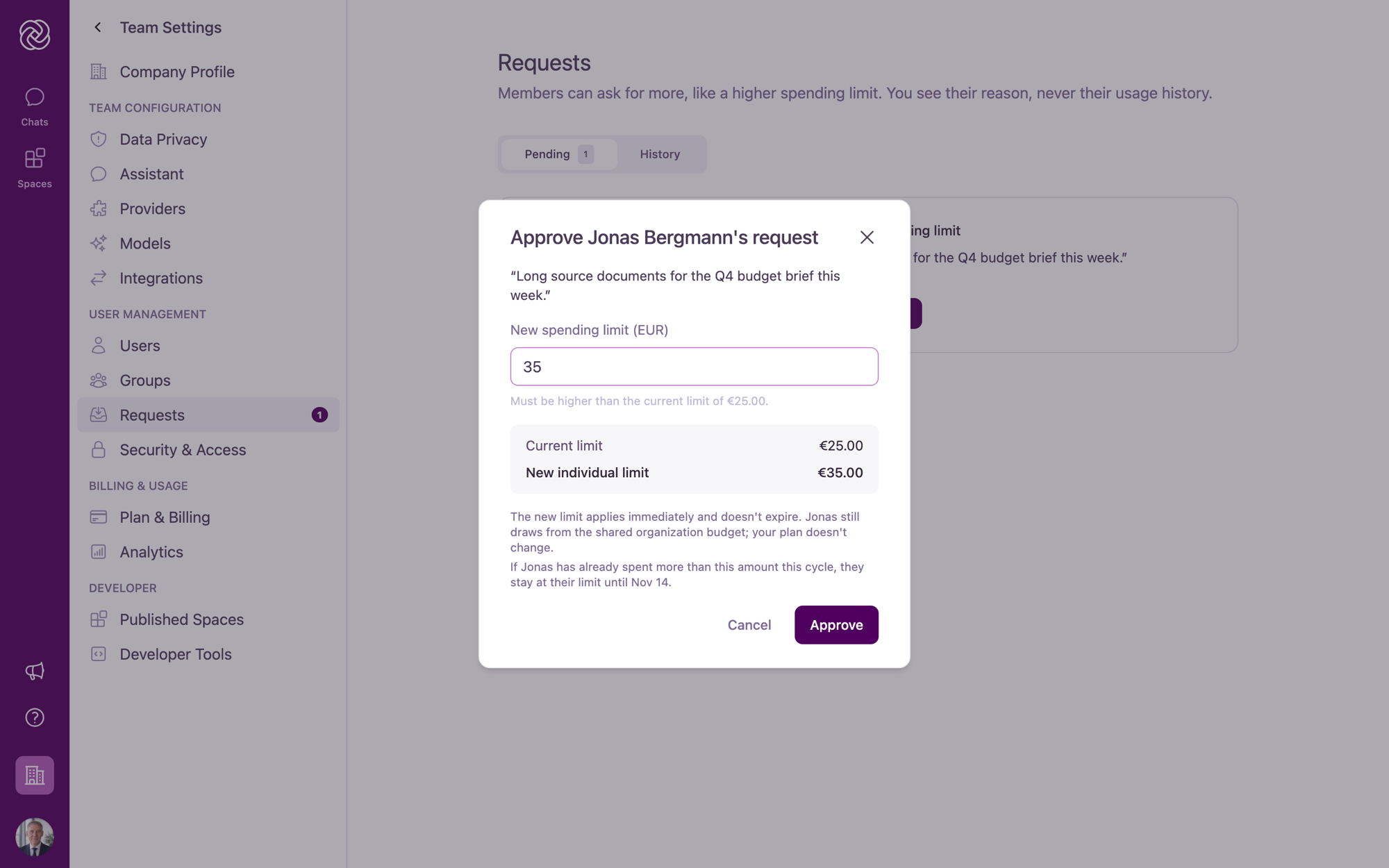 The Approve request modal showing the member's reason, New spending limit (EUR) input field, and a summary comparing the current limit and new individual limit.
