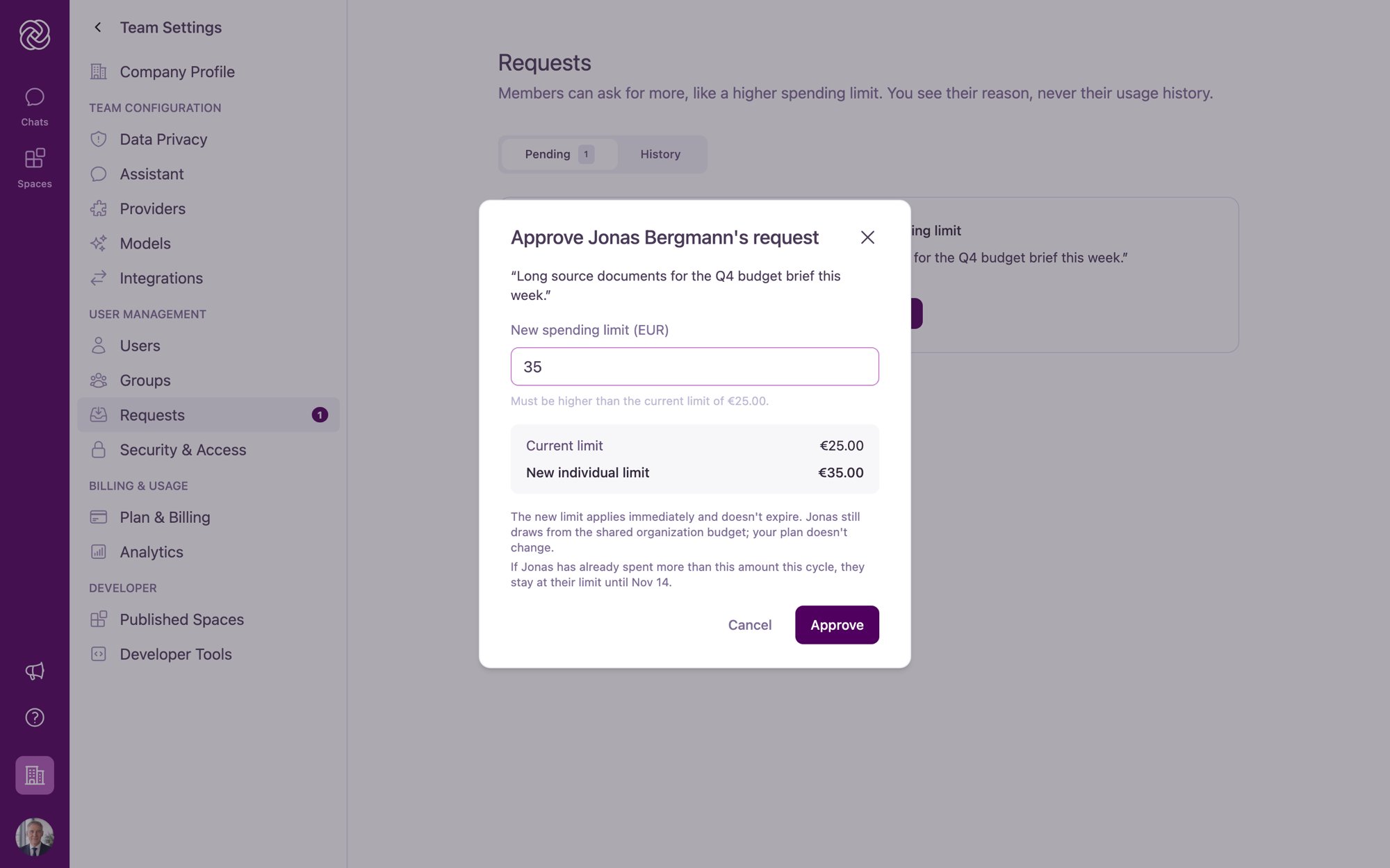 The Approve request modal showing the member's reason, New spending limit (EUR) input field, and a summary comparing the current limit and new individual limit.