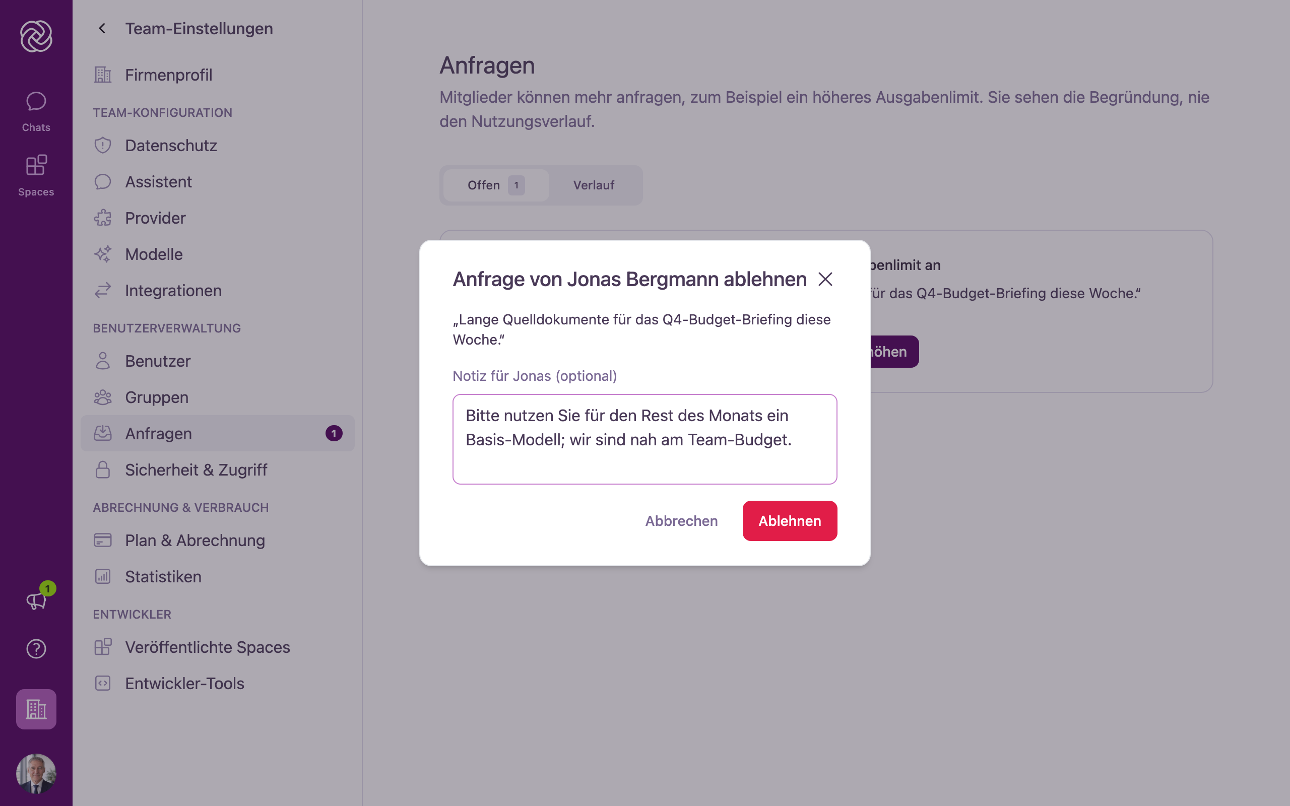 Der Dialog zum Ablehnen einer Anfrage mit der Begründung des Mitglieds und einem optionalen Notizfeld.