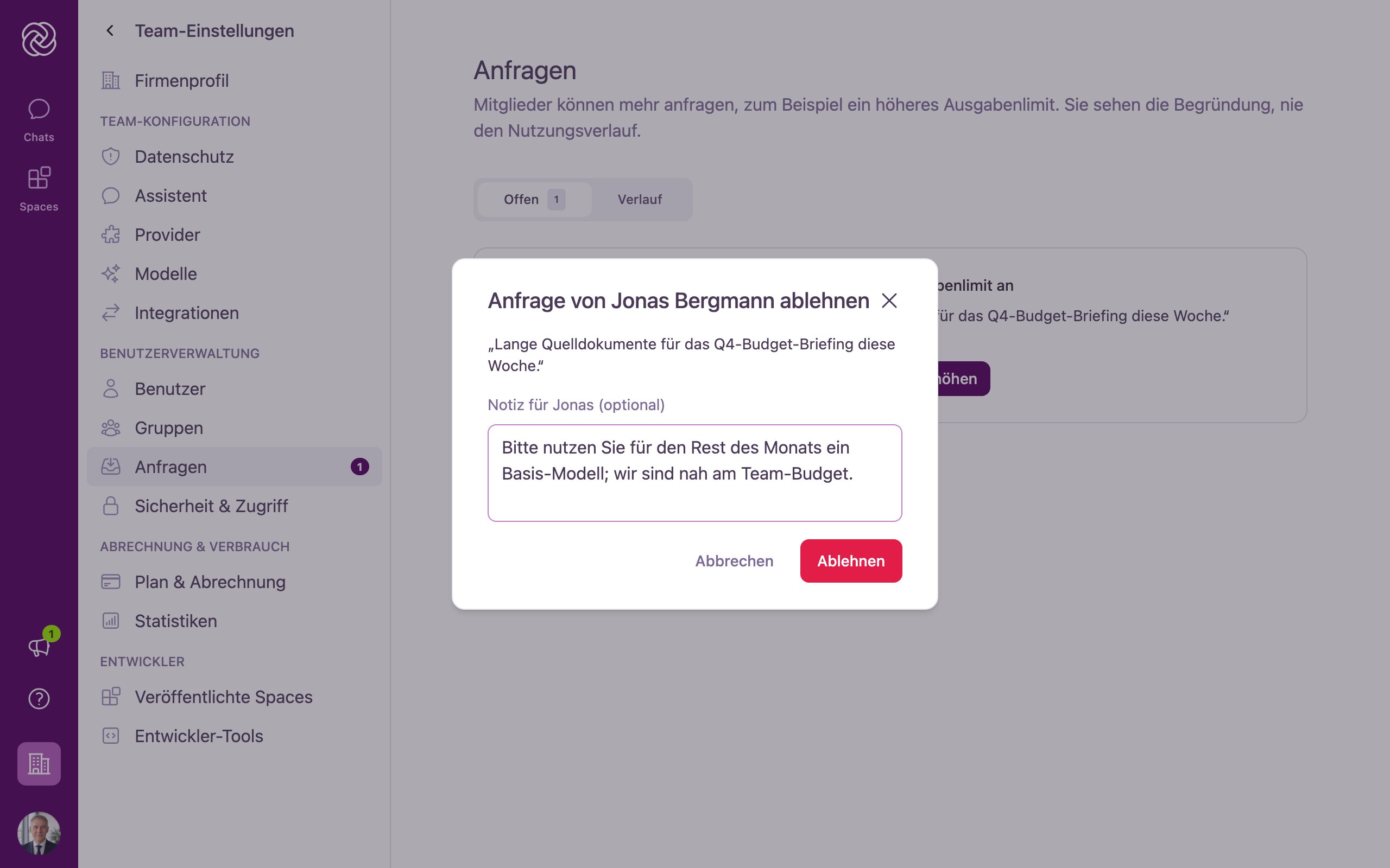 Der Dialog zum Ablehnen einer Anfrage mit der Begründung des Mitglieds und einem optionalen Notizfeld.