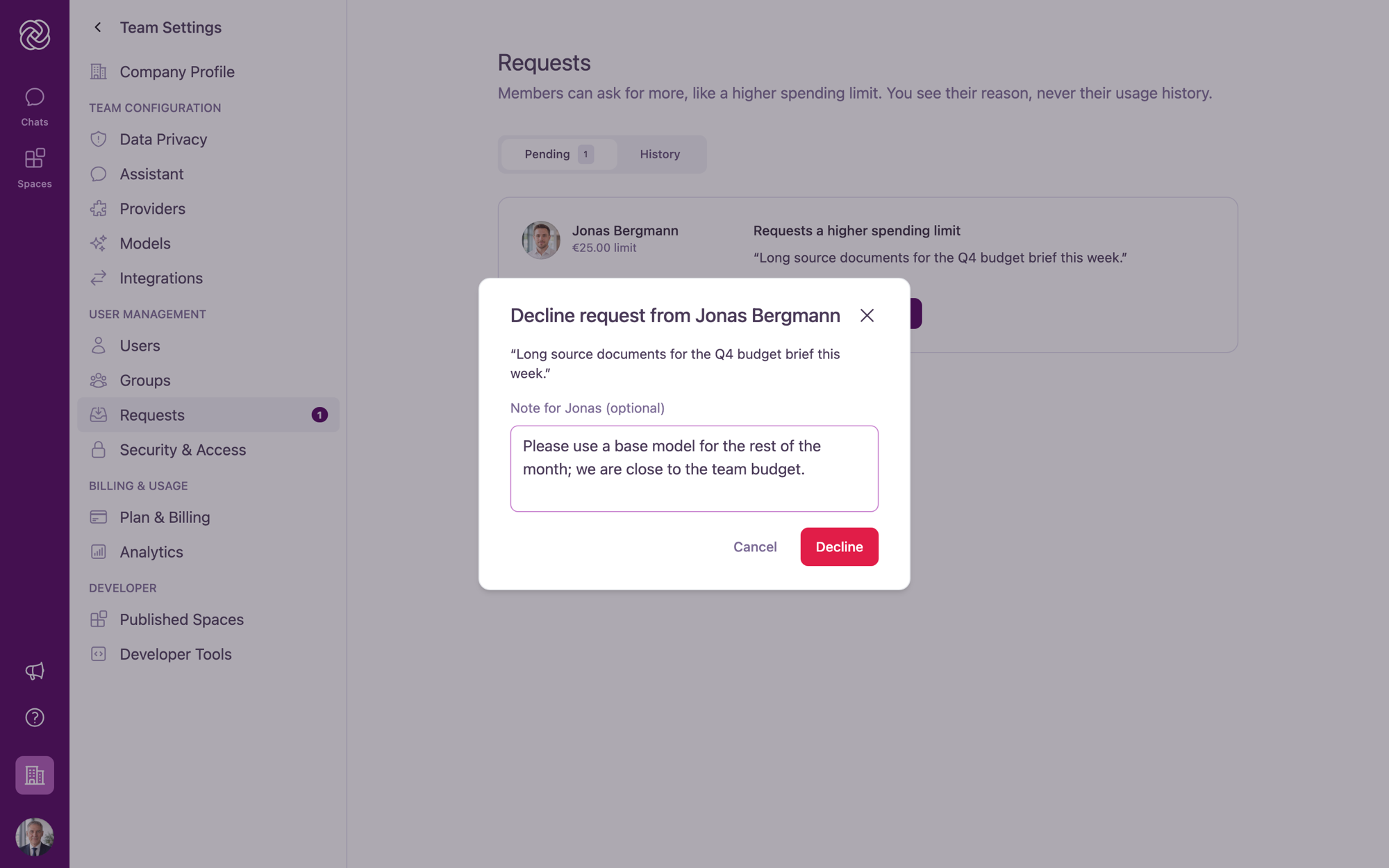 The Decline request modal showing the member's reason and an optional Note field for the requester.