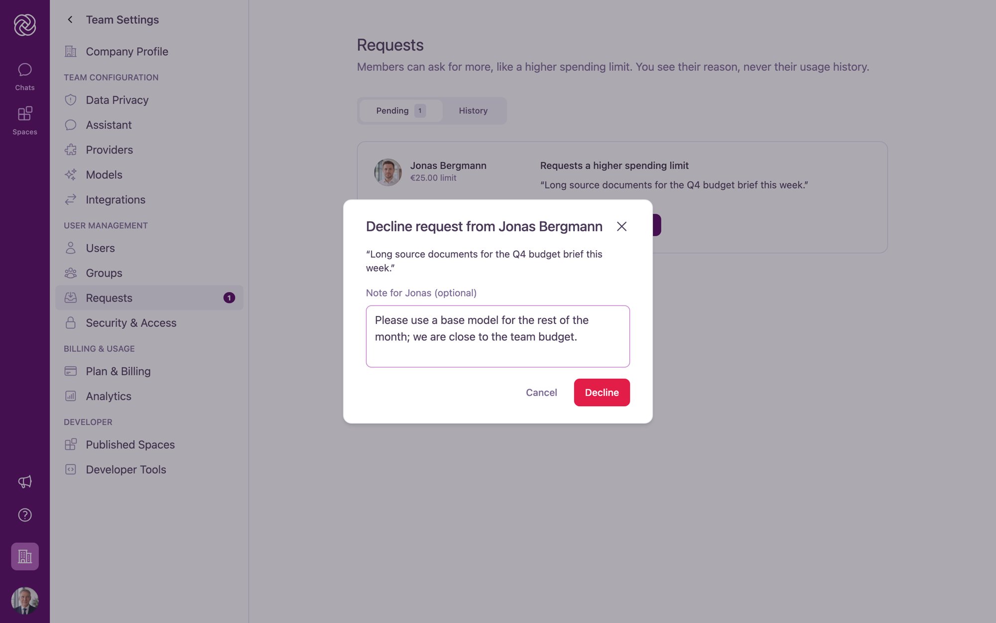 The Decline request modal showing the member's reason and an optional Note field for the requester.