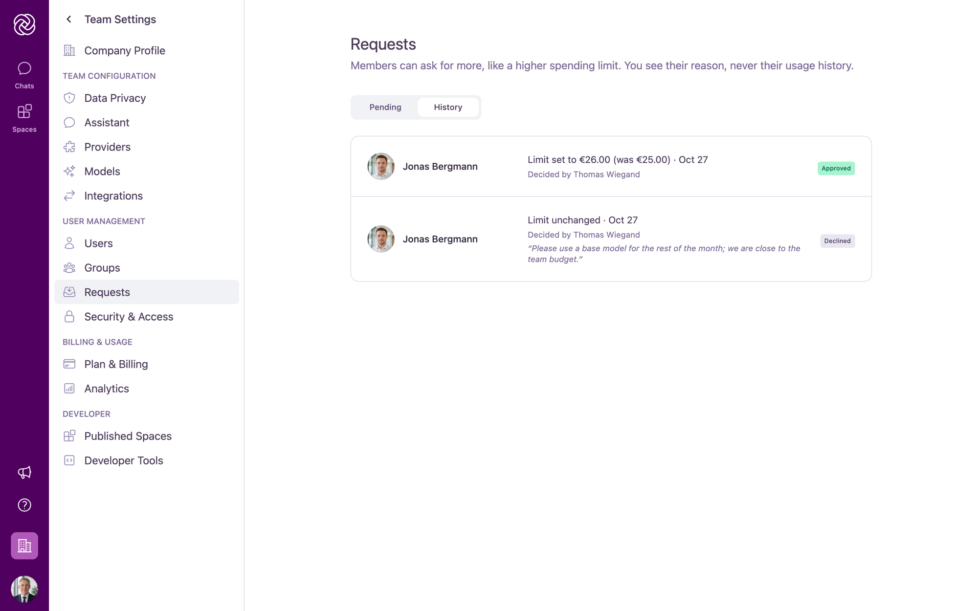 The History tab on the Requests page showing Approved and Declined requests with dates, outcomes, and the deciding administrator.