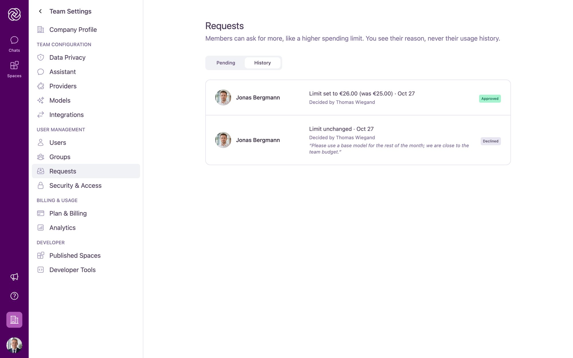 The History tab on the Requests page showing Approved and Declined requests with dates, outcomes, and the deciding administrator.