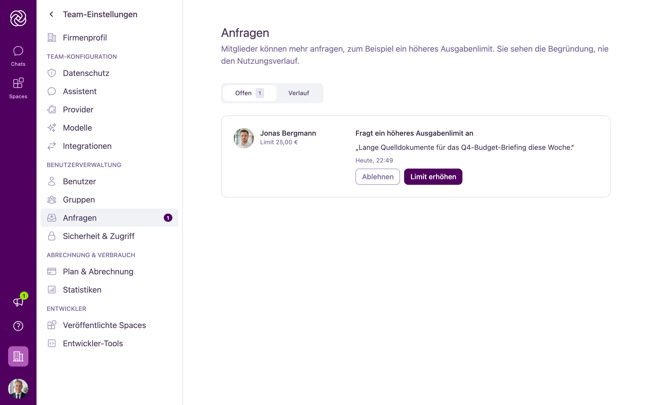 Die Seite Anfragen in den Team-Einstellungen mit einer offenen Anfrage für ein höheres Ausgabenlimit und den Buttons Ablehnen und Limit erhöhen.