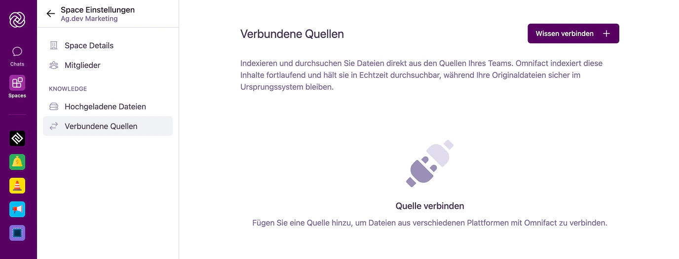 Leerer Zustand der verbundenen Quellen mit der Schaltfläche 'Quelle verbinden'