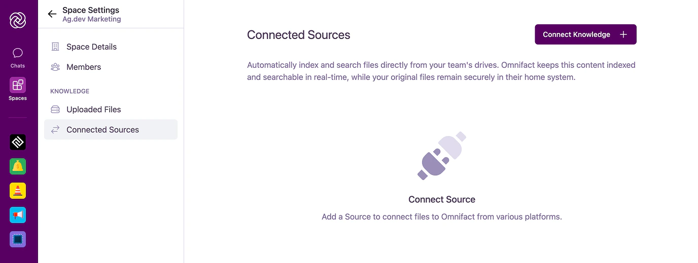 Connected Sources empty state with Connect Source button