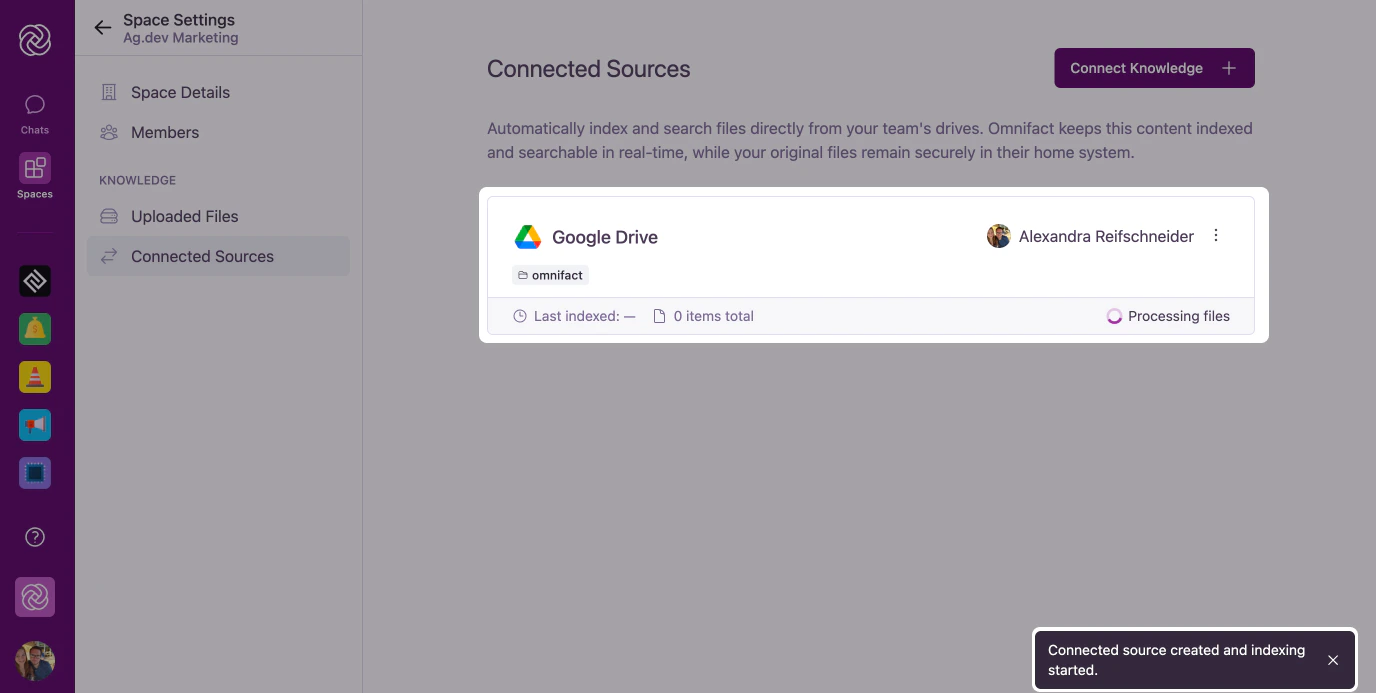 Connected Sources management list showing a connection with Processing Files status