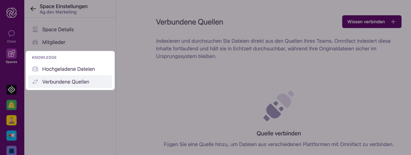 Space-Einstellungen mit dem KNOWLEDGE-Bereich, den Hochgeladenen Dateien und verbundene Quellen zeigt