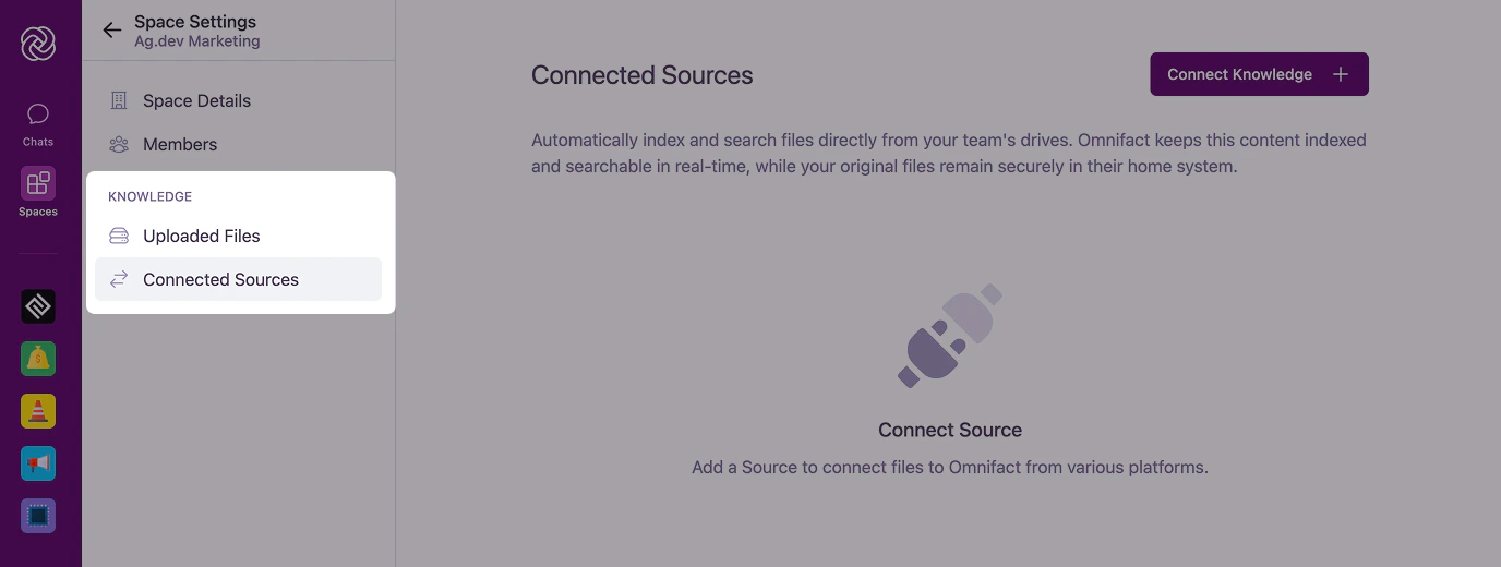 Space Settings showing KNOWLEDGE section with Uploaded Files and Connected Sources