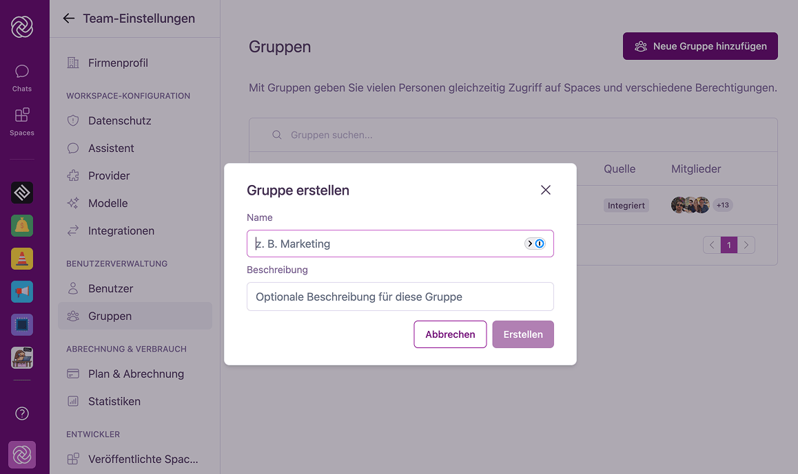 Modal 'Gruppe erstellen' mit Feldern für Name und Beschreibung
