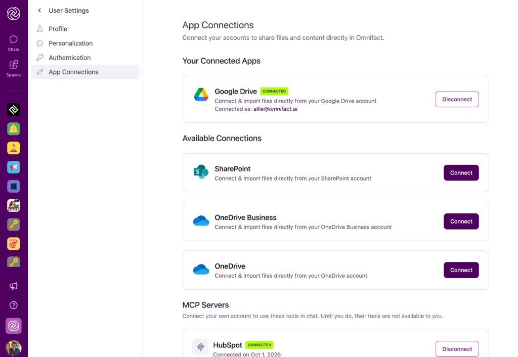 App Connections in User Settings, with Google Drive, OneDrive, OneDrive Business, and SharePoint listed under Available Connections.