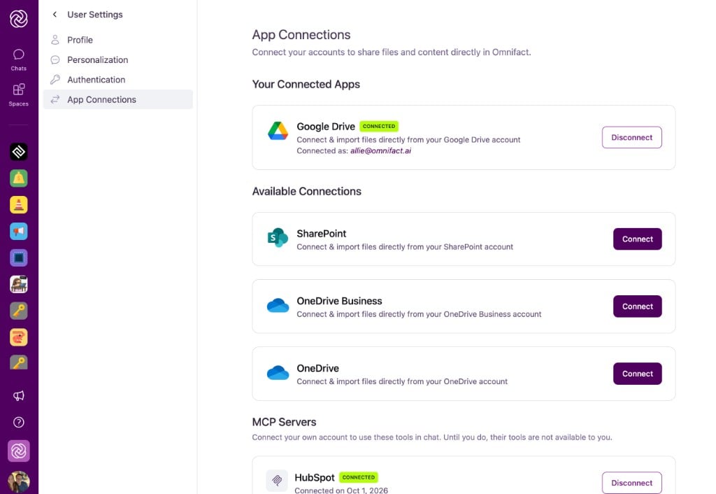 App Connections in User Settings, with Google Drive, OneDrive, OneDrive Business, and SharePoint listed under Available Connections.