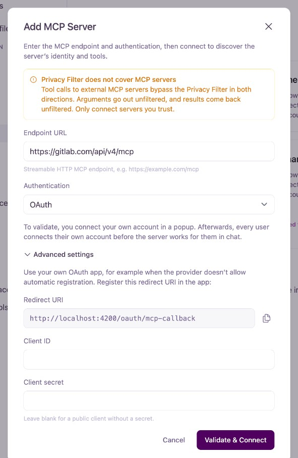 Dialog zum Hinzufügen eines MCP-Servers mit OAuth und erweiterten Einstellungen inklusive Weiterleitungs-URI, Client-ID und Client-Secret