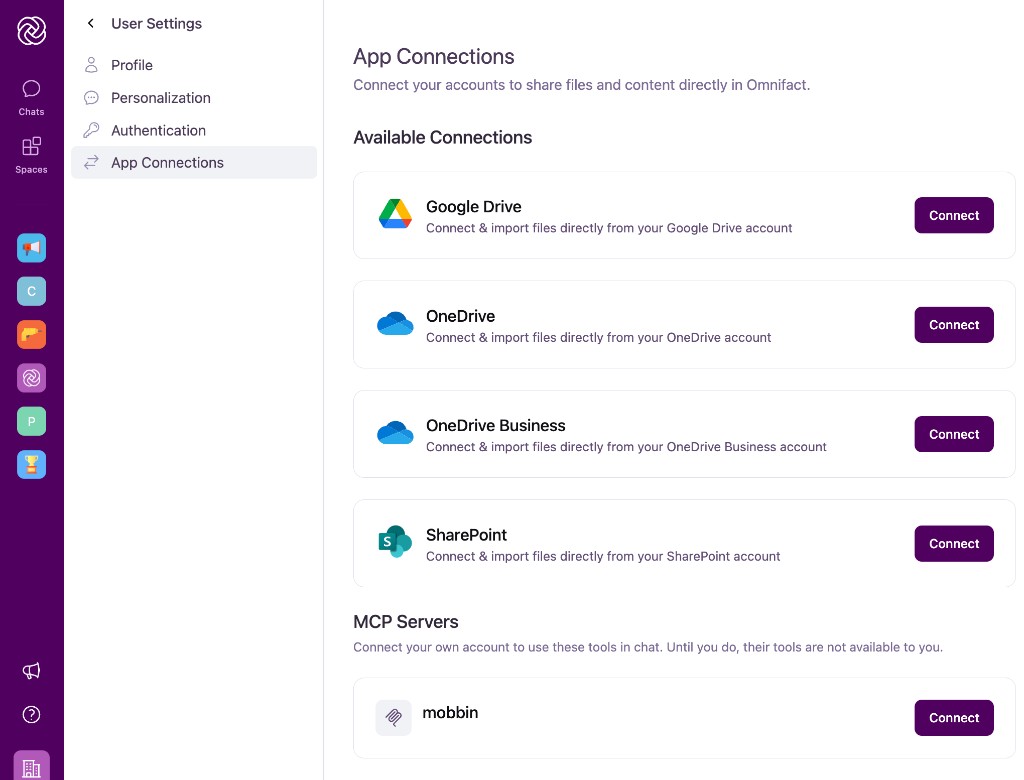App Connections with an MCP Servers section. The mobbin card shows a Connect button.