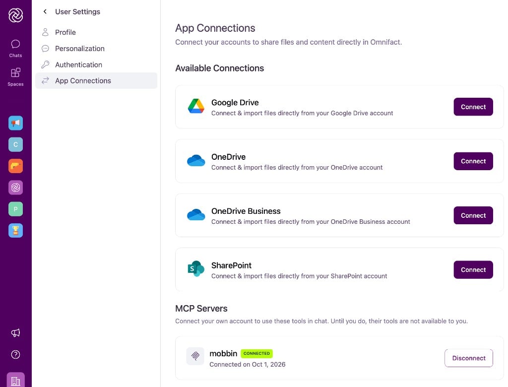 App Connections with the mobbin MCP server connected, showing a Connected badge, the connection date, and a Disconnect button.