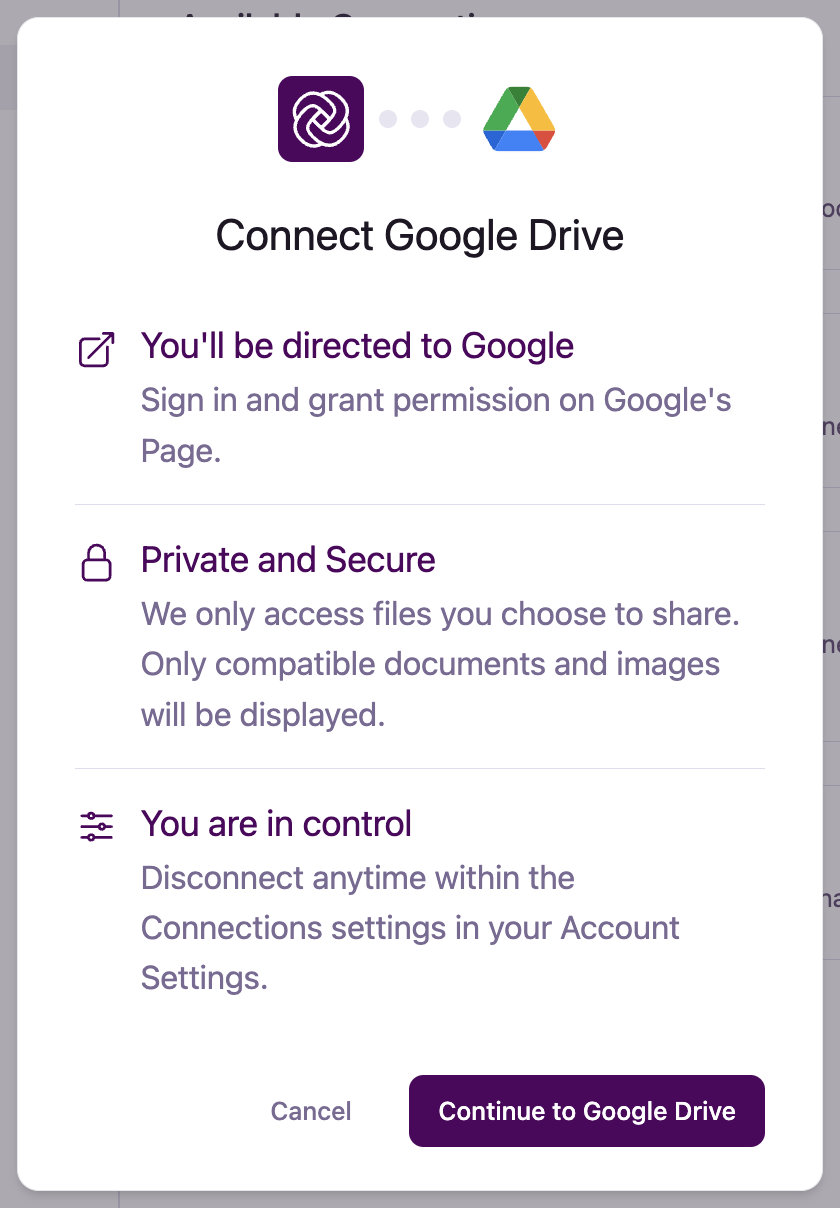 Connect Google Drive dialog explaining the redirect, read-only access, and a Continue to Google Drive button.