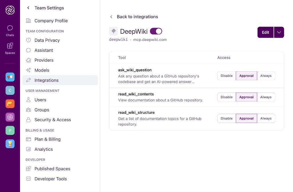 DeepWiki MCP server details page listing tools with Disable, Approval, and Always access policies