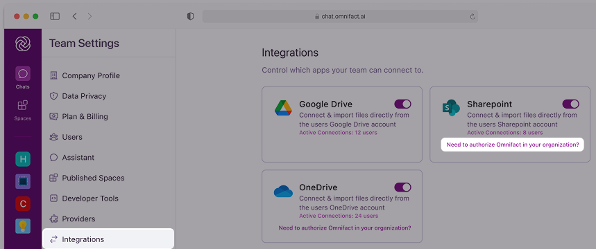 Team Settings Integrations Page