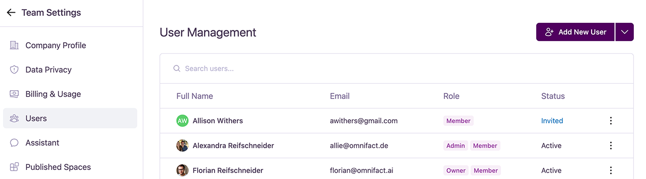 The User Management dashboard, showing a list of team members with their roles and statuses.