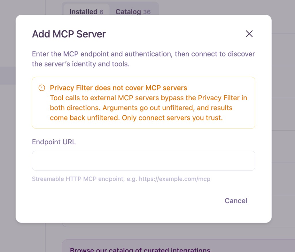 Add MCP Server dialog with a Privacy Filter warning and endpoint URL field
