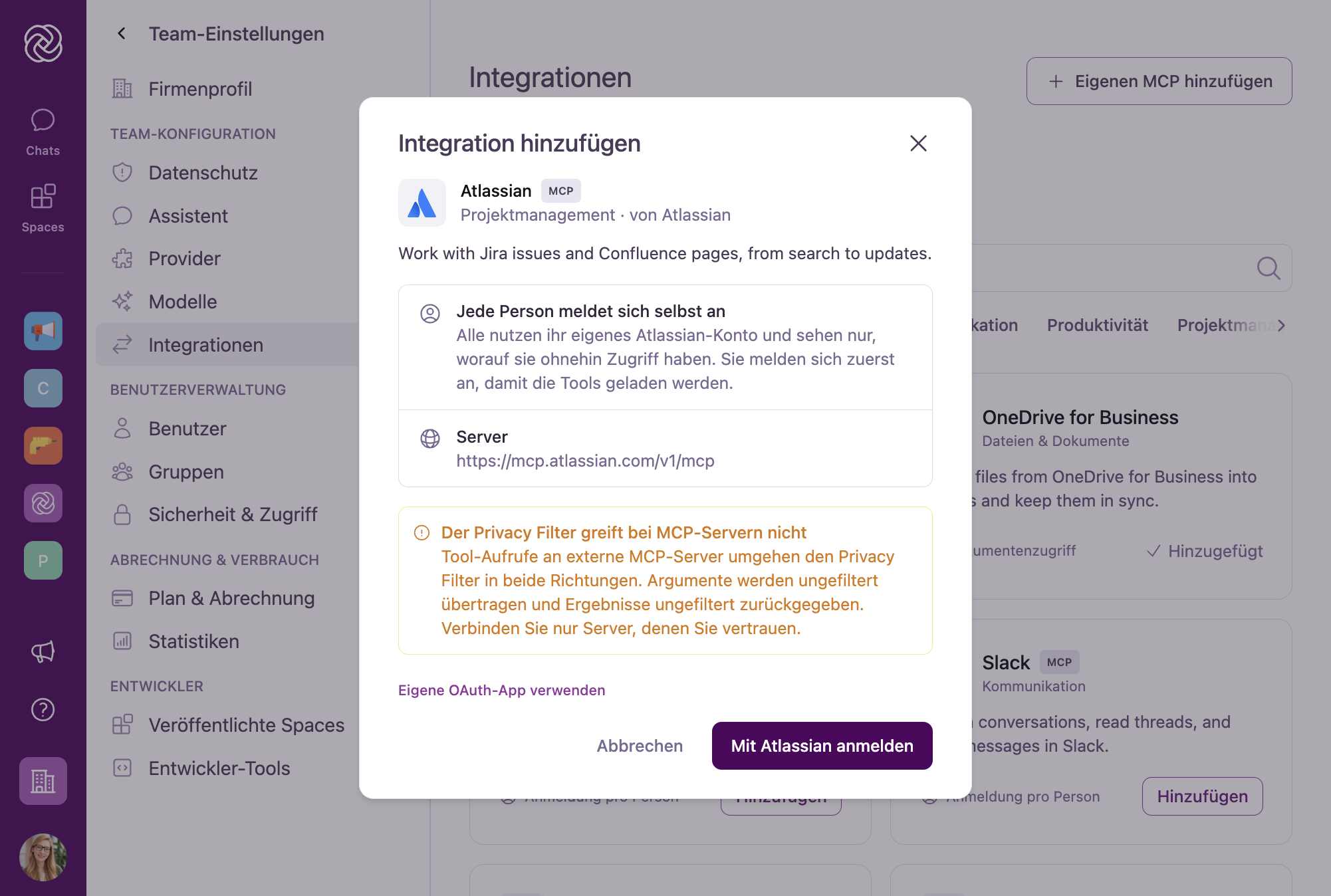 Dialogfenster zum Hinzufügen einer Integration am Beispiel Atlassian mit Hinweisen zur Benutzeranmeldung, Serveradresse und OAuth-Optionen.