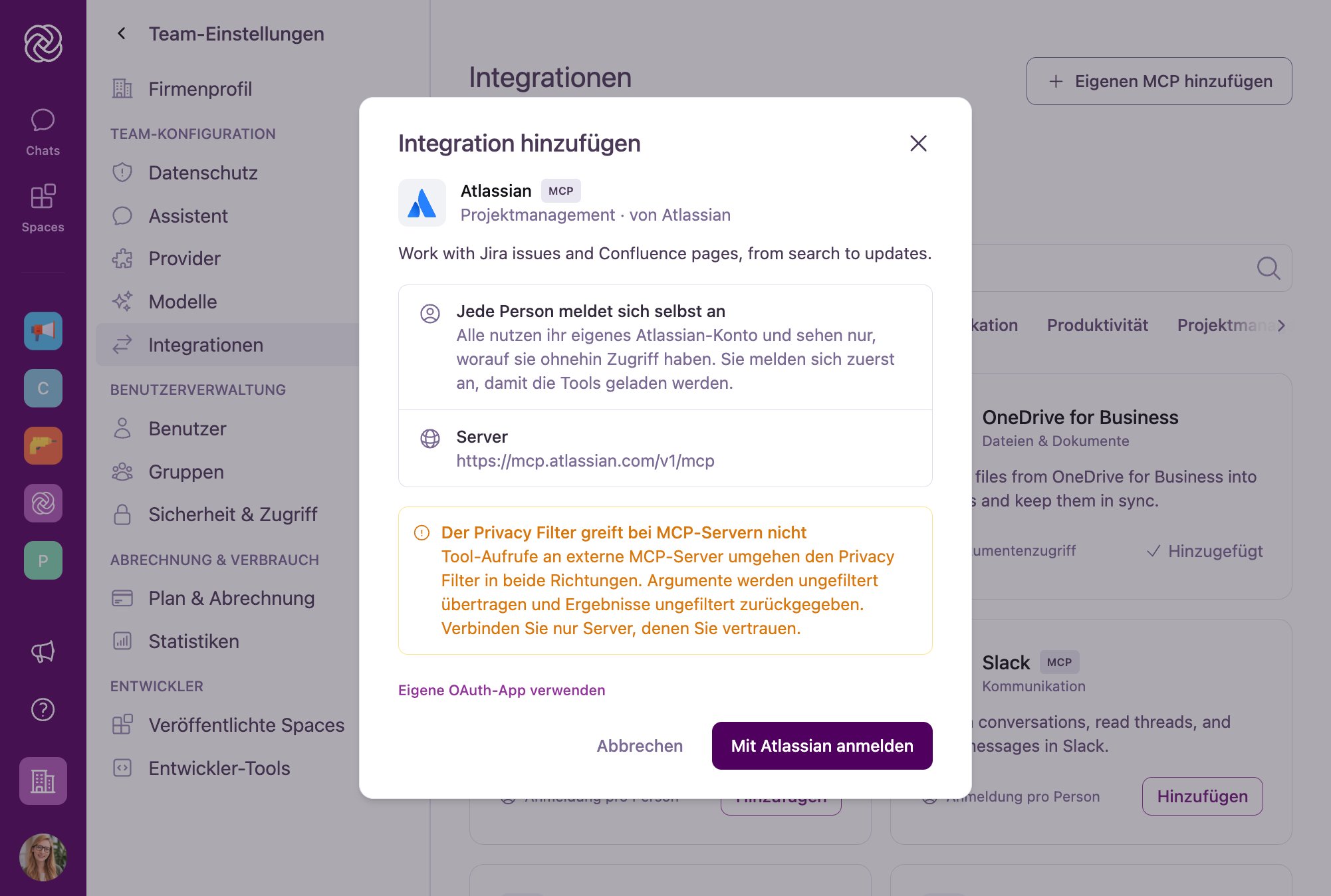Dialogfenster zum Hinzufügen einer Integration am Beispiel Atlassian mit Hinweisen zur Benutzeranmeldung, Serveradresse und OAuth-Optionen.