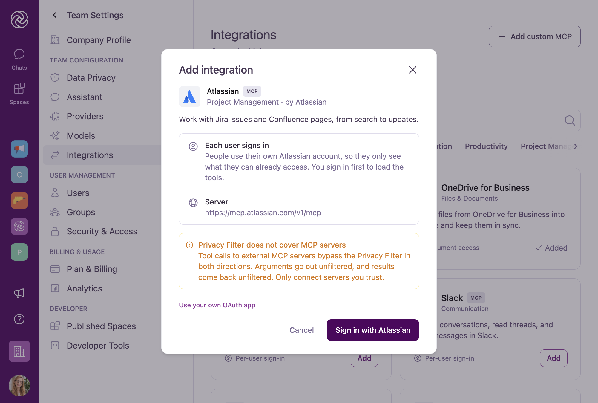 Add integration dialog for Atlassian showing per-user sign-in details, server endpoint, Privacy Filter notice, and OAuth configuration.