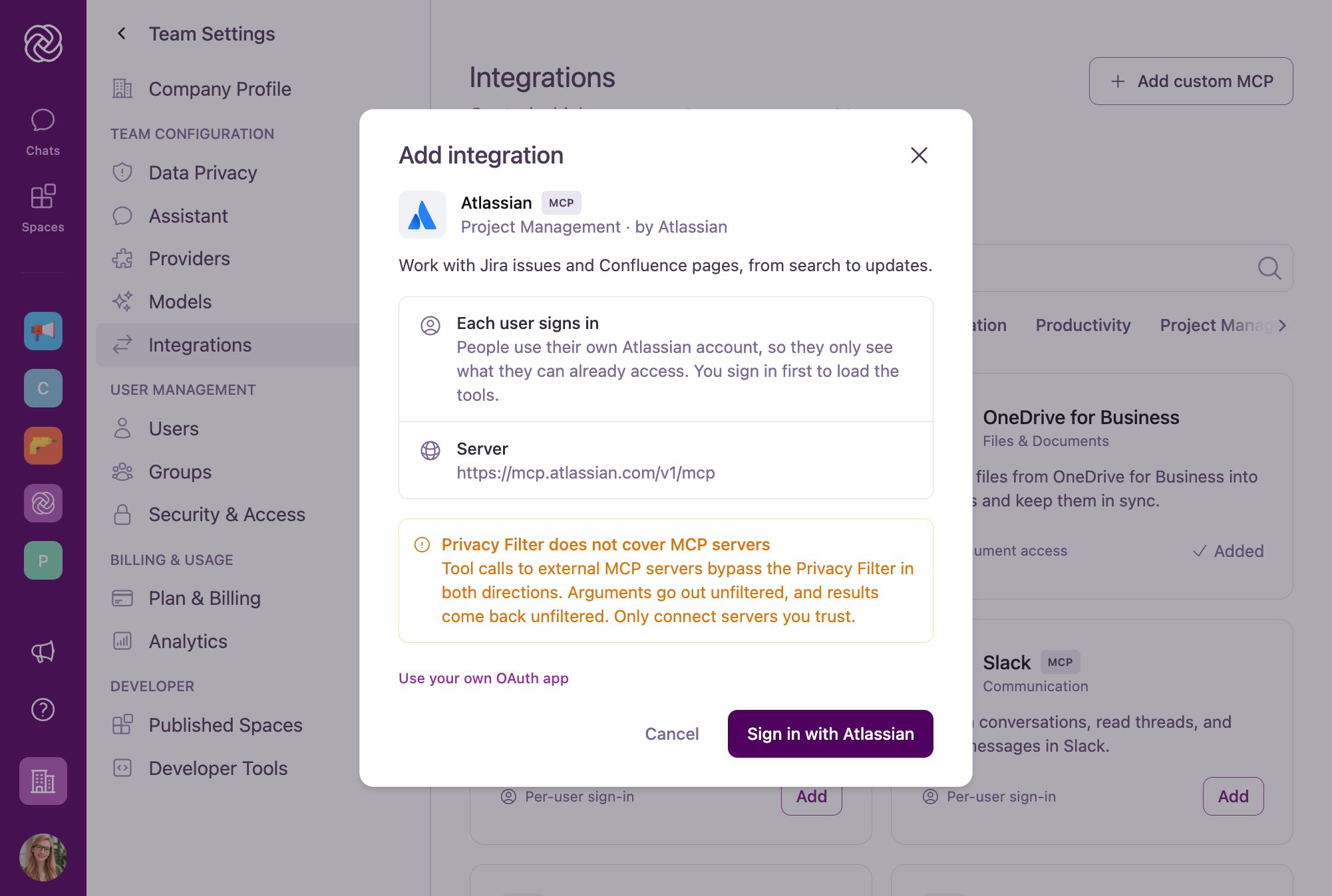 Add integration dialog for Atlassian showing per-user sign-in details, server endpoint, Privacy Filter notice, and OAuth configuration.