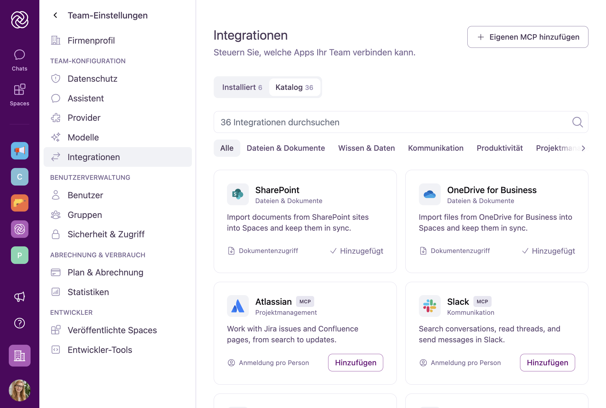 Der Integrationskatalog in den Team-Einstellungen mit Suchleiste, Kategoriefiltern und Integrationskarten.