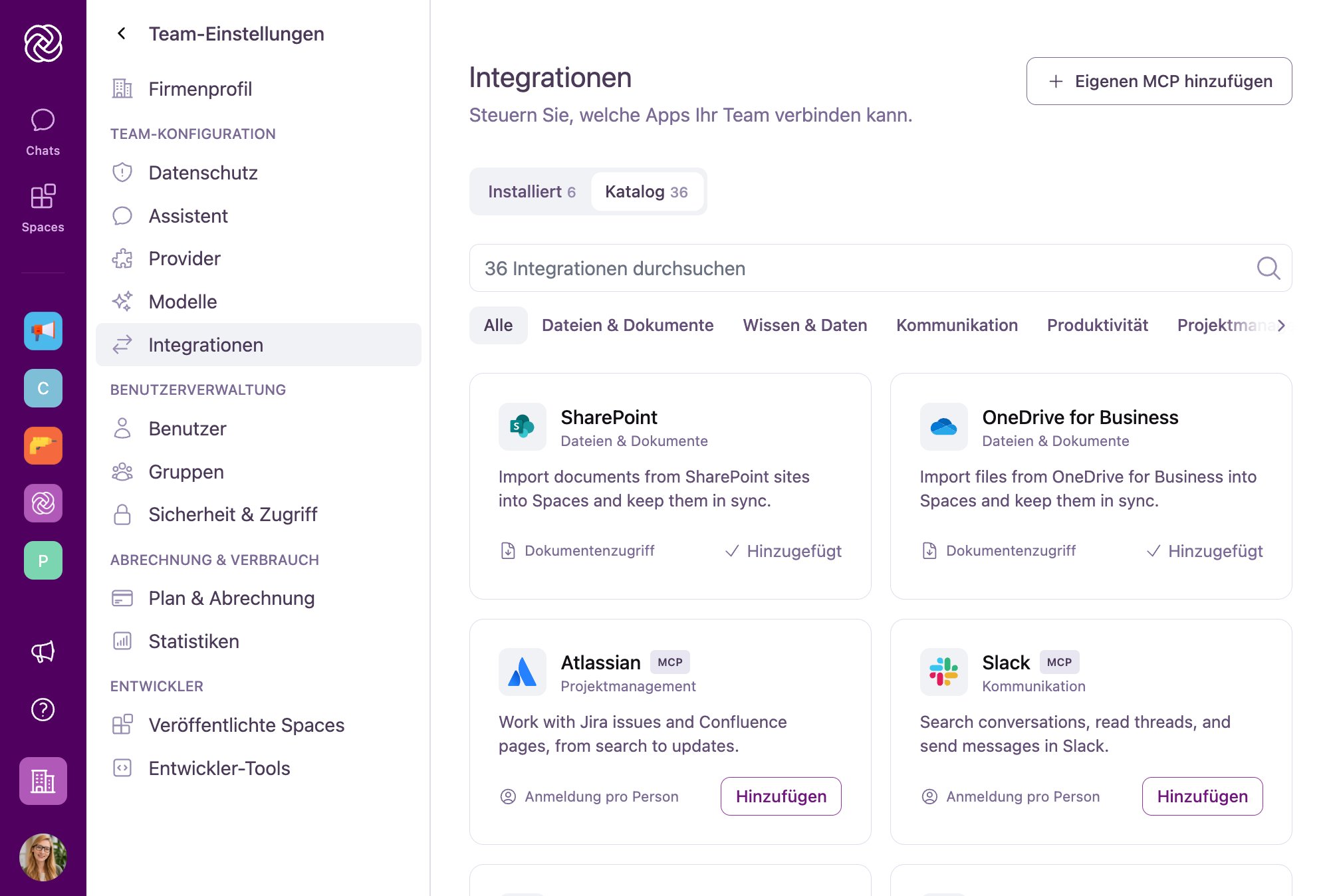 Der Integrationskatalog in den Team-Einstellungen mit Suchleiste, Kategoriefiltern und Integrationskarten.