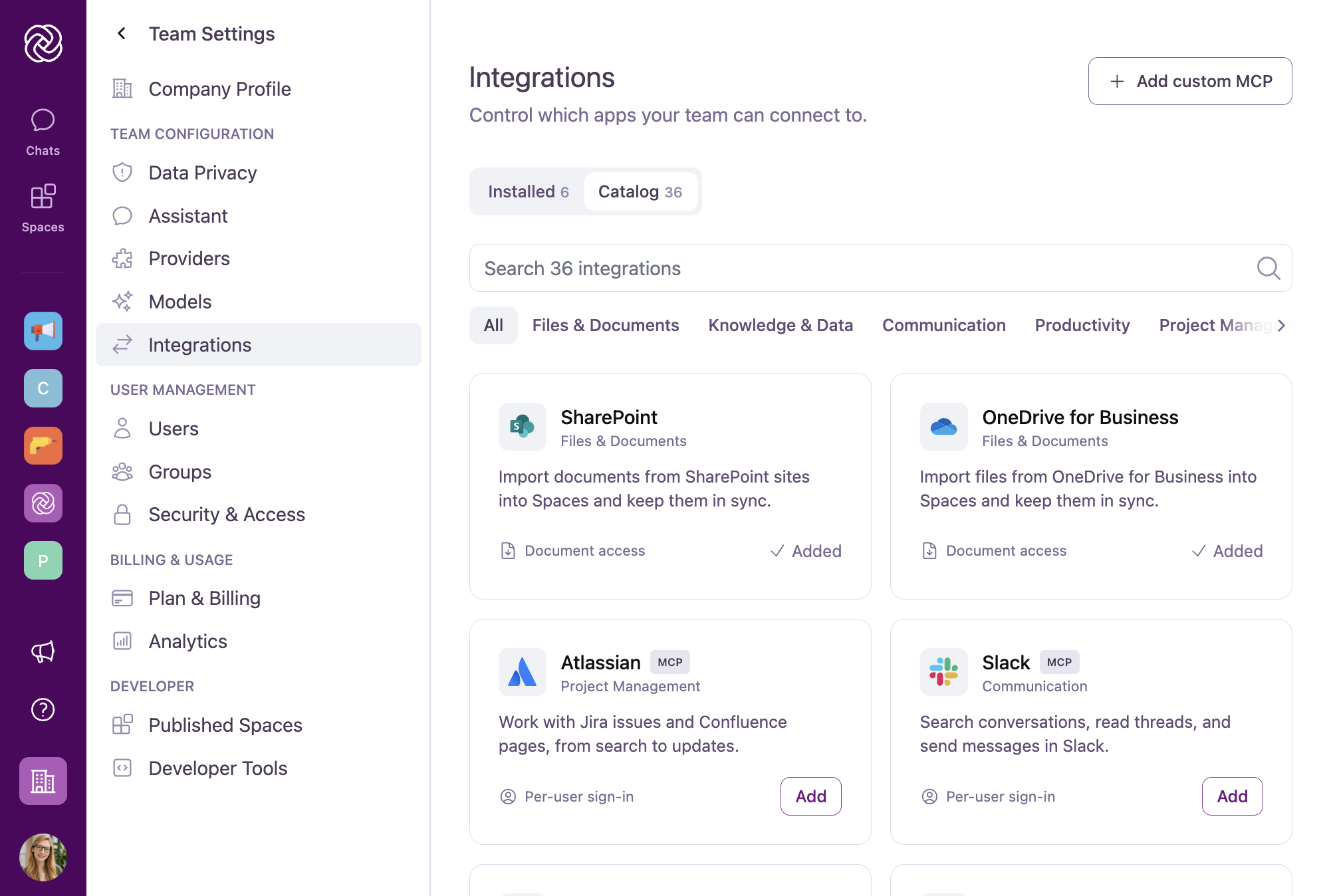 The Integrations Catalog tab in Team Settings showing search, category filters, and curated integration cards with Add buttons.