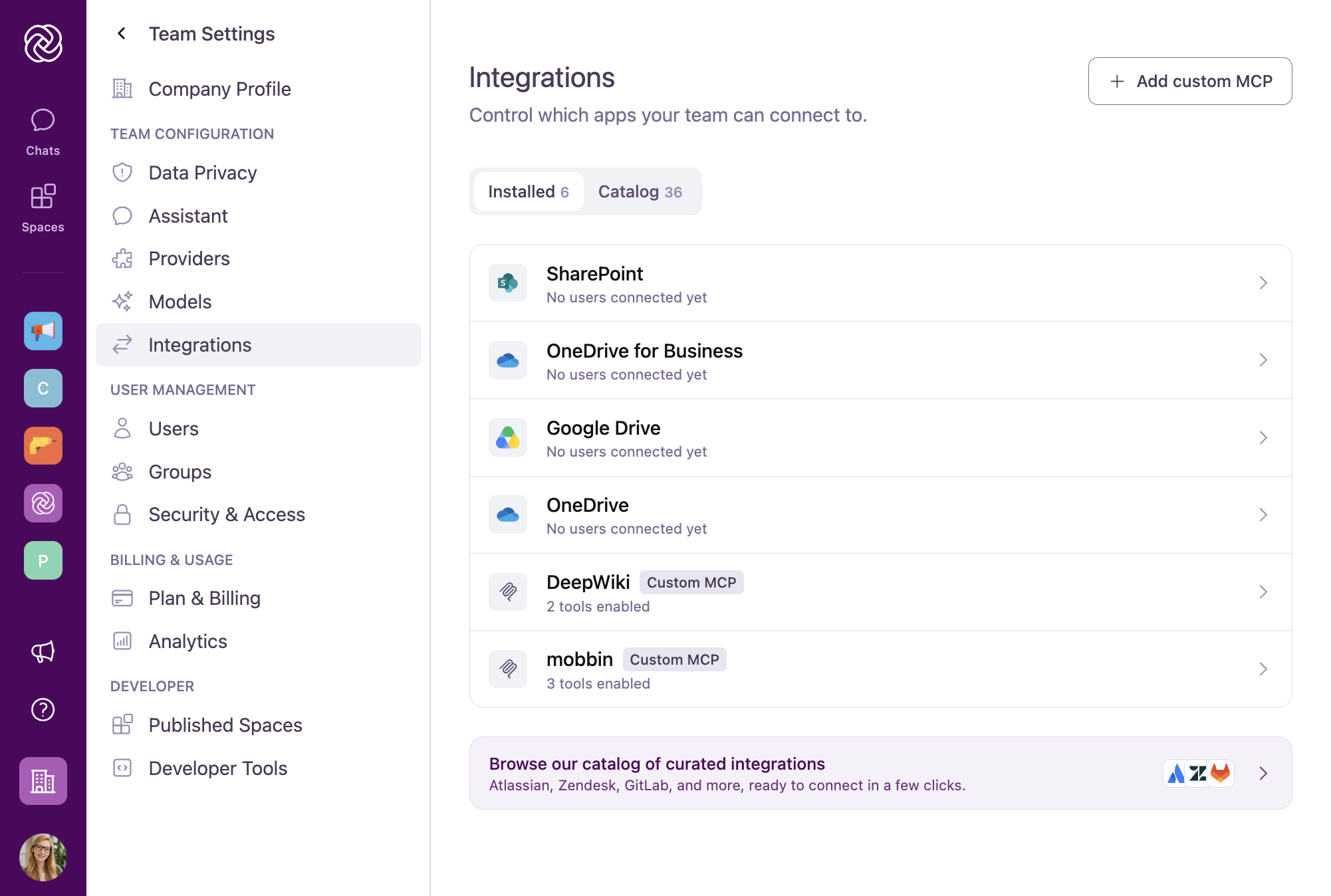 The Integrations page in Team Settings showing the Installed tab with connected cloud storage and custom MCP servers, the Catalog tab, and the Add custom MCP button.