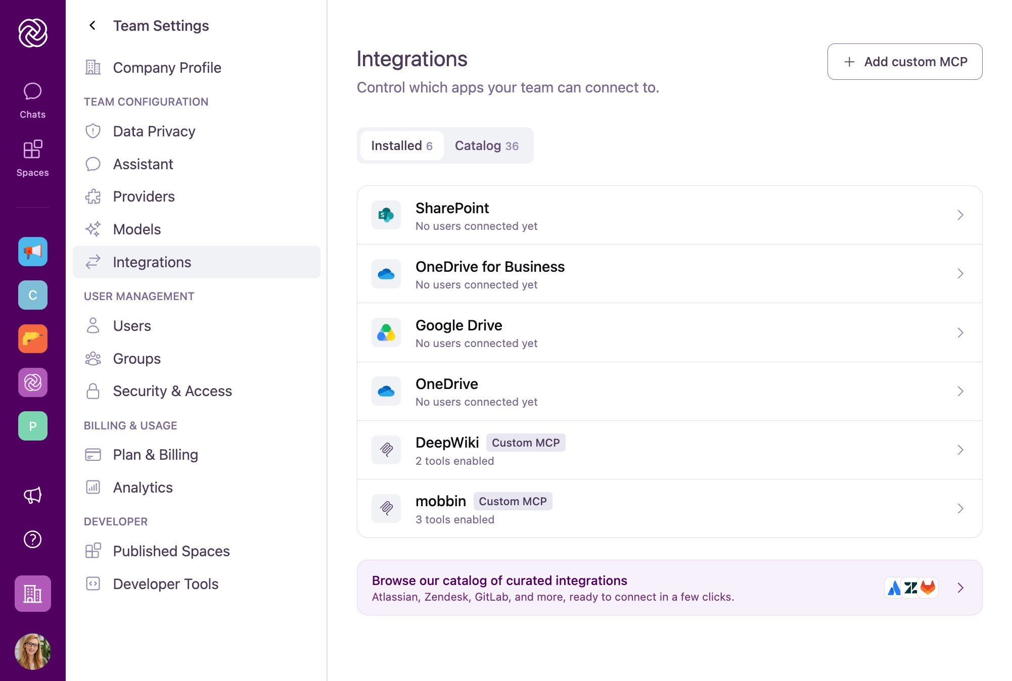 The Integrations page in Team Settings showing the Installed tab with connected cloud storage and custom MCP servers, the Catalog tab, and the Add custom MCP button.