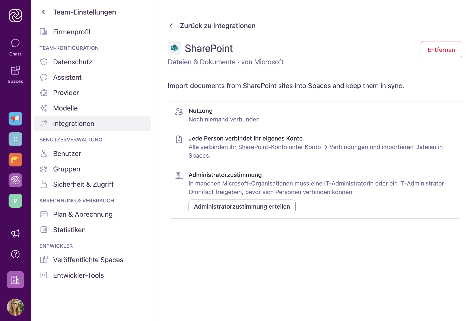 Detailseite der SharePoint-Integration mit Nutzungsstatistik, Hinweisen zur Benutzerverbindung, Admin-Zustimmungs-Button und Entfernen-Aktion.