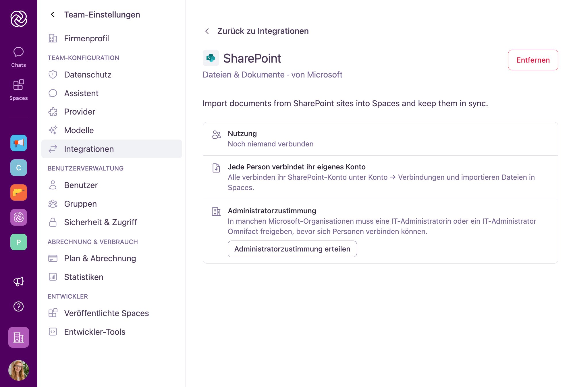 Detailseite der SharePoint-Integration mit Nutzungsstatistik, Hinweisen zur Benutzerverbindung, Admin-Zustimmungs-Button und Entfernen-Aktion.