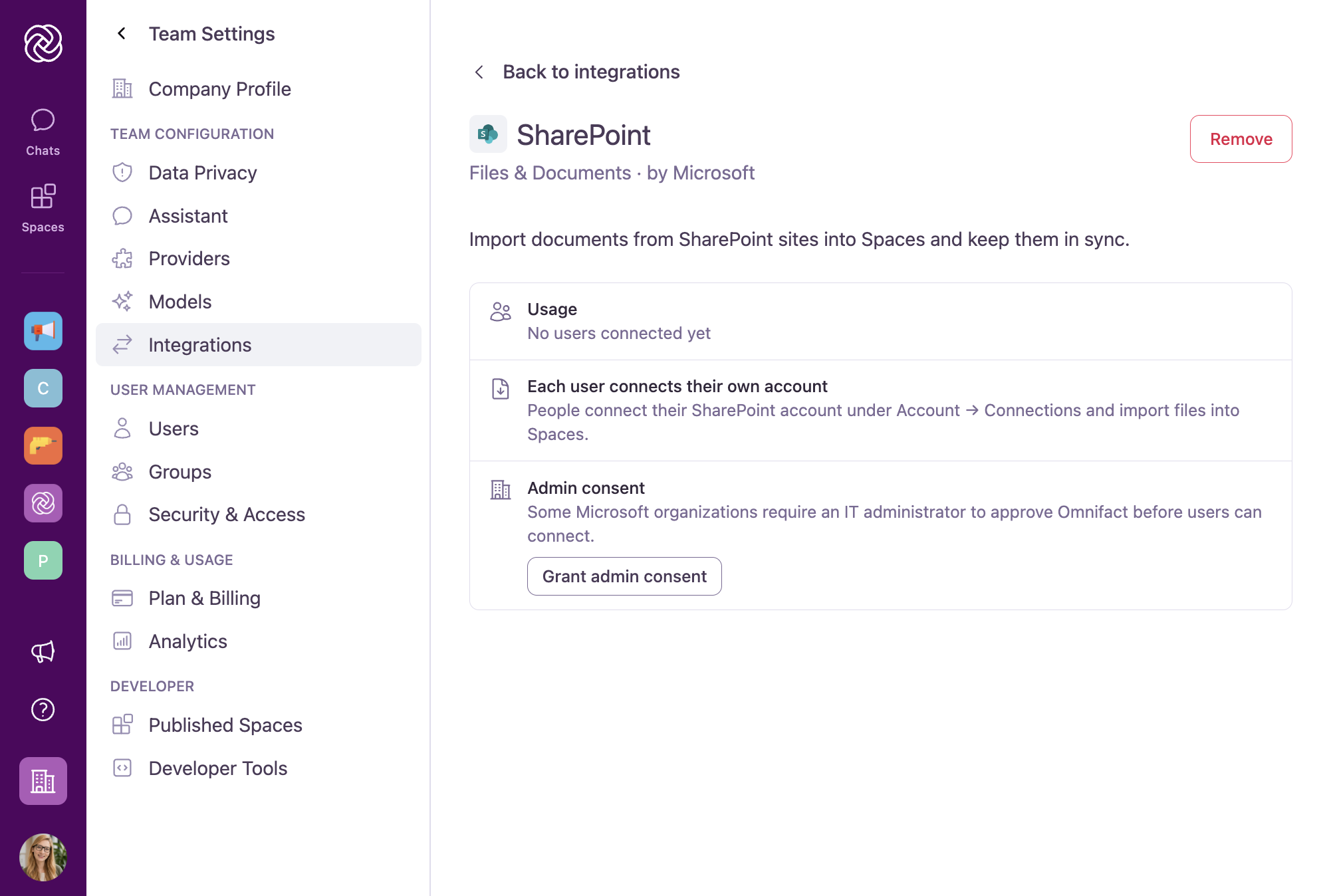 SharePoint integration details page showing connected usage, user sign-in guidance, admin consent button, and the Remove action.